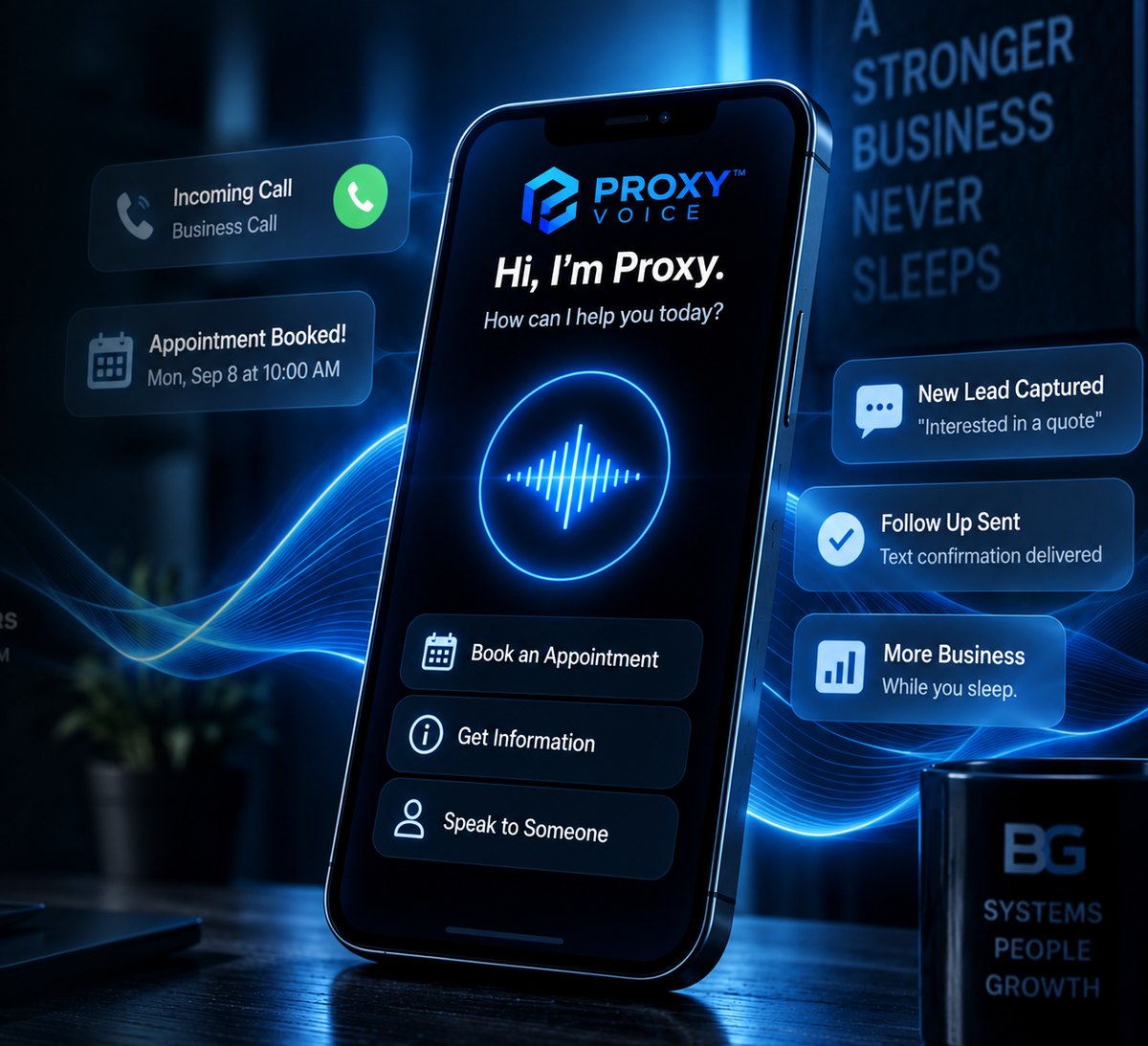 Proxy answering a call on a phone — incoming call, appointment booked,
                new lead captured and follow-up text sent